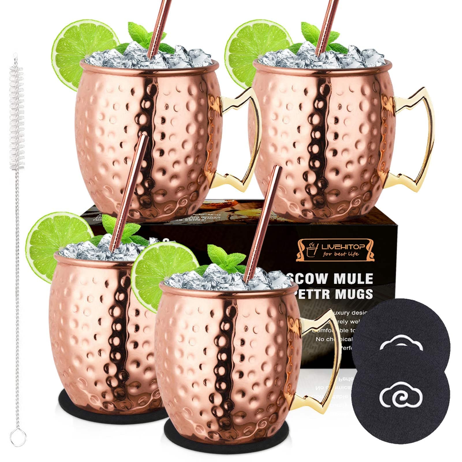 🍹🎁 LIVEHITOP 4 Stück Moscow Mule Kupfer Becher Set 19,5 oz Handgemacht Cocktail Tasse 🎁🍹