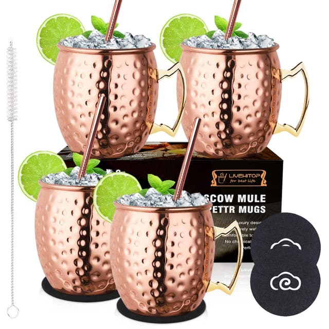 🍹🎁 LIVEHITOP 4 Stück Moscow Mule Kupfer Becher Set 19,5 oz Handgemacht Cocktail Tasse 🎁🍹