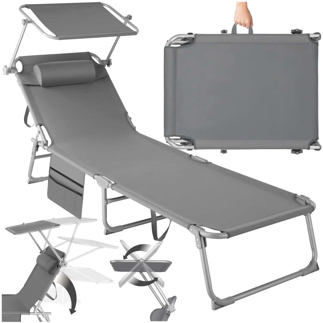🌞🏖️ Tectake® Sonnenliege klappbar mit Dach und Kopfkissen - Grau 🏖️🌞