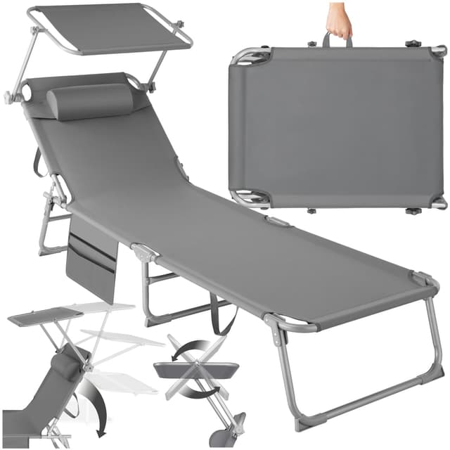🌞🏖️ Tectake® Sonnenliege klappbar mit Dach und Kopfkissen - Grau 🏖️🌞