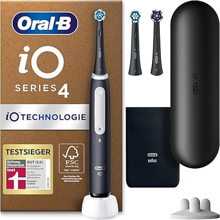 Oral-B iO Series 4 Plus Edition Elektrische Zahnbürste/Electric Toothbrush, PLUS 3 Aufsteckbürsten, 4 Putzmodi für Zahnpflege, Reiseetui, Designed by Braun, matt schwarz