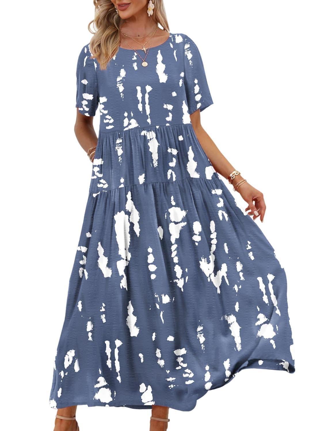 YESNO Damen Kleider Freizeit Lose Sommerkleid Lang Boho Maxikleid für Rundhals Strandkleid 🌸🌺 EJFDE 3XL Cr147