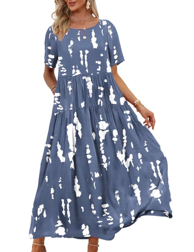 YESNO Damen Kleider Freizeit Lose Sommerkleid Lang Boho Maxikleid für Rundhals Strandkleid 🌸🌺 EJFDE 3XL Cr147