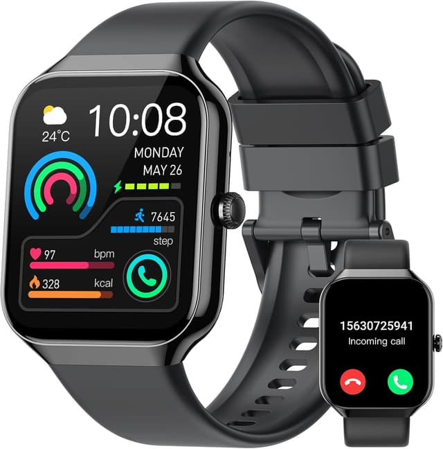 Smartwatch Herren Damen, 1.96" Fitnessuhr mit Telefonfunktion, Smart Watch Fitness Tracker SpO2 Pulsuhr Schlafmonitor Schrittzähler Uhr 113+ Sportmodi Sportuhr IP68 Wasserdicht für Android iOS Schwarz
