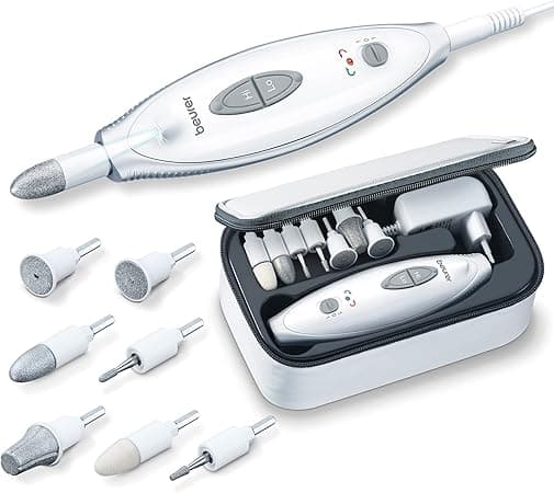 Beurer MP 41 Maniküre-/ Pediküreset, elektrische Nagelfeile mit 7 Aufsätzen, helles LED Licht, Nagelfräser für gepflegte Nägel, mit Aufbewahrungstasche, Nagelpflege für Hände und Füße, Weiß