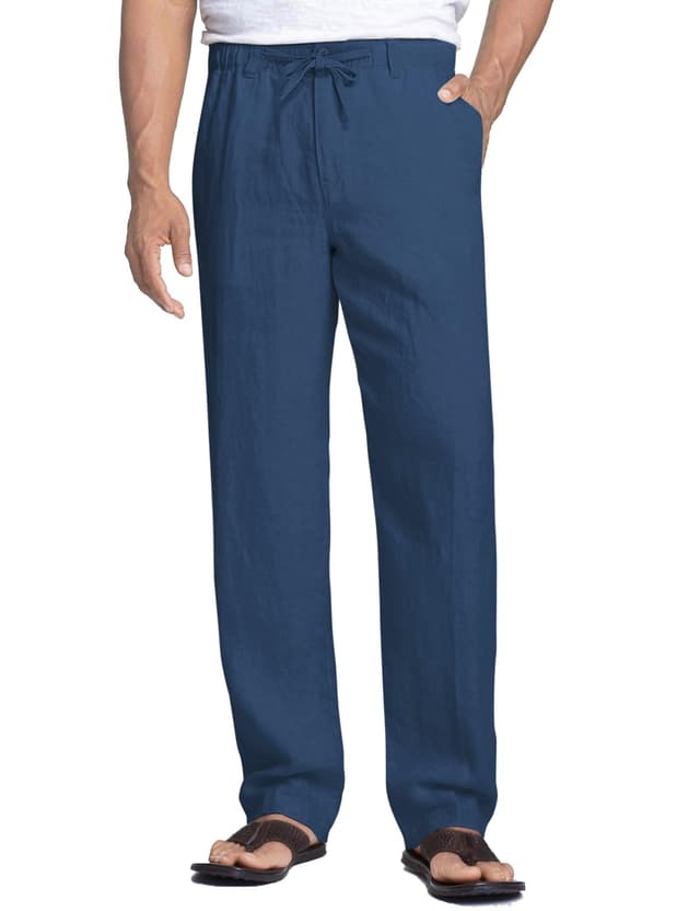COOFANDY Herren Leinenhose mit Kordelzug 😎 Leicht Sommerhose 🌞 Freizeithose Einfarbig Dunkelblau L