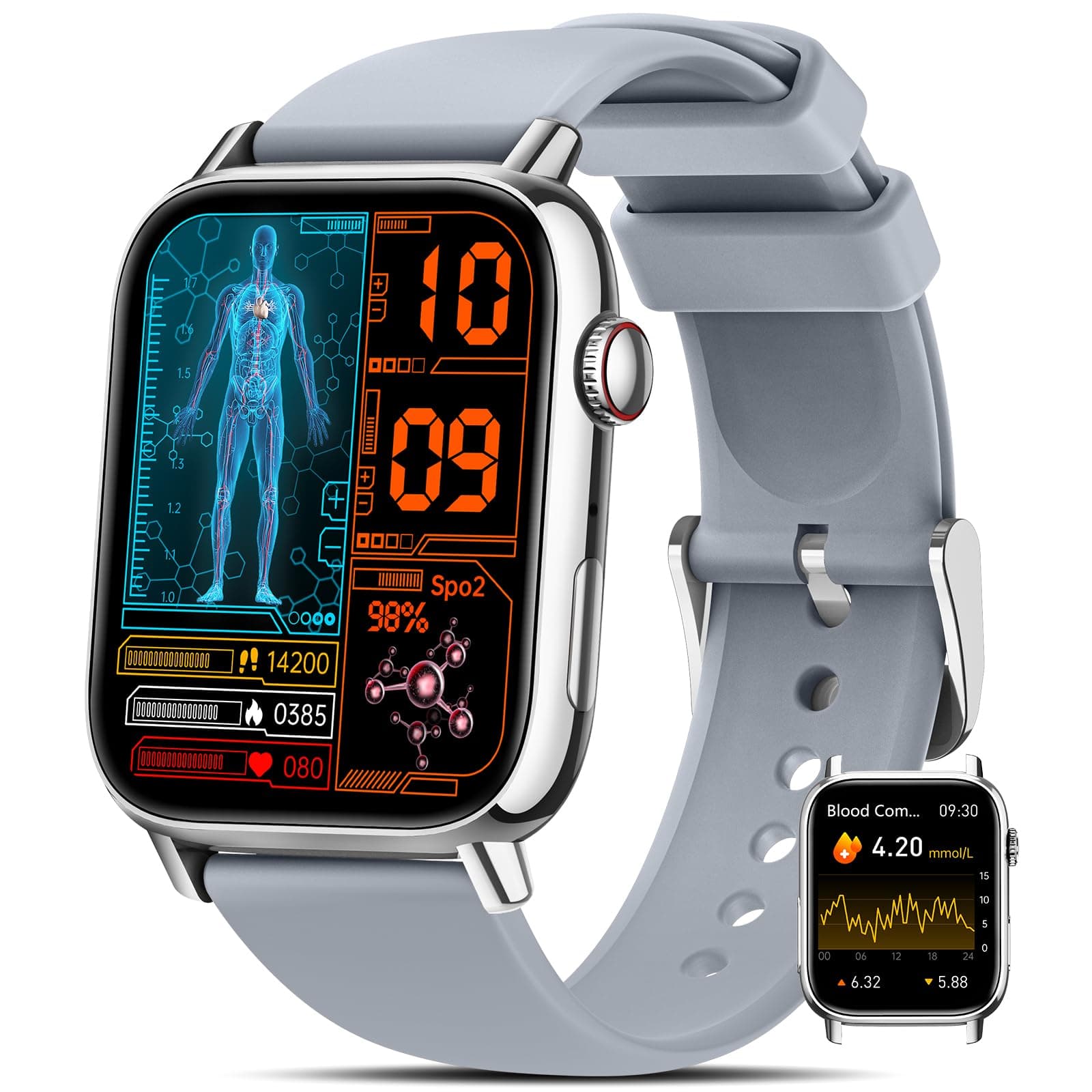 NAIXUES 2025 Smartwatch Herren Damen 𝐁𝐥𝐮𝐭𝐳𝐮𝐜𝐤𝐞𝐫, 1.83" Zoll Uhren Damen mit 150 Sportmodi/𝐄𝐂𝐆/𝐇𝐑𝐕/Herzfrequenz/SpO2/Blutdruck, IP68 Wasserdicht Fitness Tracker für iOS Android, Silber