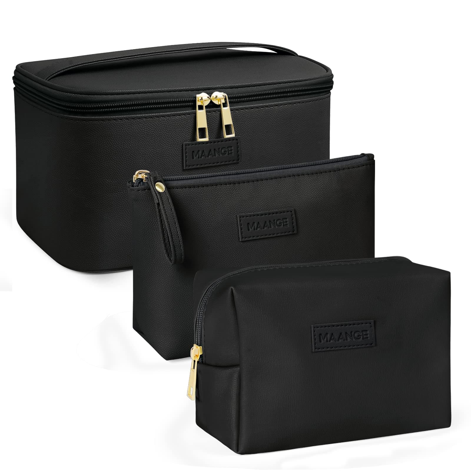 👝 MAANGE 3 Stück Kosmetiktaschen (L+M+S) - Schwarze PU Leder Schminktasche für Damen 👝