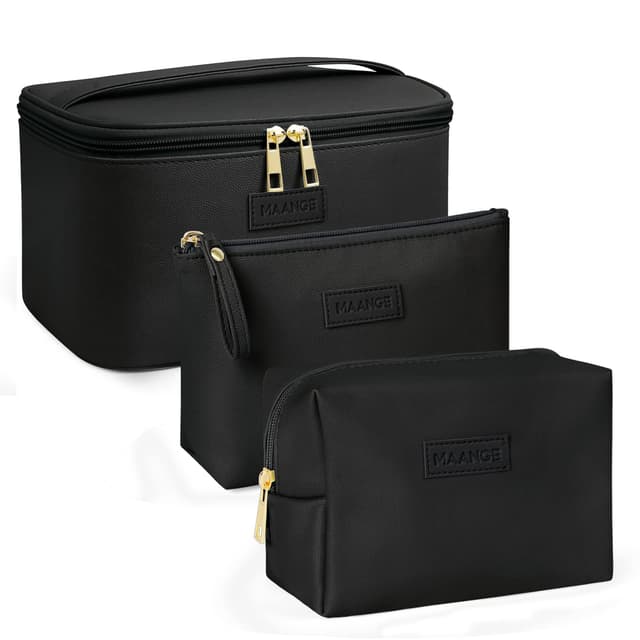 👝 MAANGE 3 Stück Kosmetiktaschen (L+M+S) - Schwarze PU Leder Schminktasche für Damen 👝