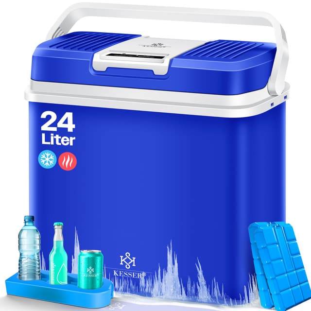 KESSER® 24 Liter Kühlbox | KÜHLT und WÄRMT | Thermo-Elektrische Kühlbox 12 Volt und 230 Volt | Thermobox für Auto, Boot & Camping | Mini-Kühlschrank mit ECO & MAX Modus | 2X Kühlakku & Getränkehalter Blau 🌞❄️🚗