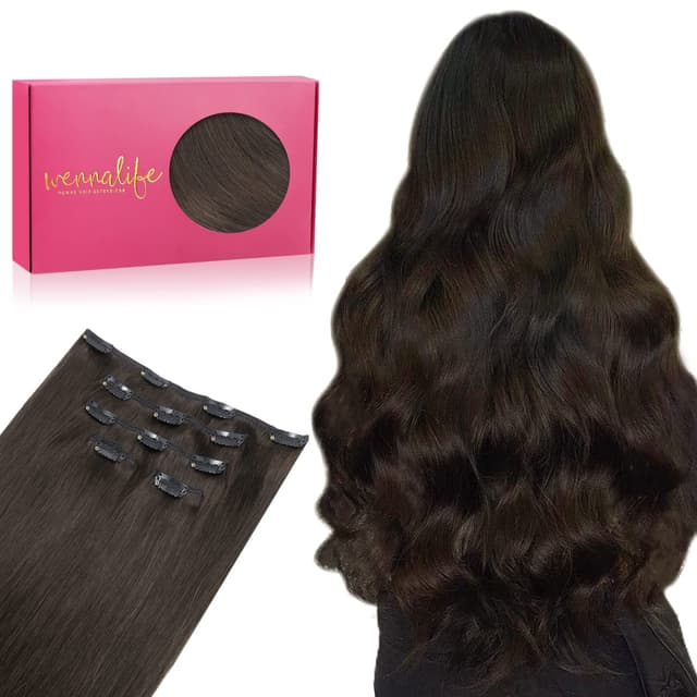 WENNALIFE Clip in Extensions Echthaar, 75g 5pcs 35cm Dunkel Braun