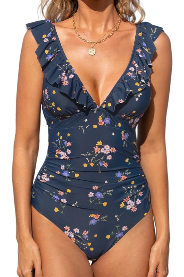 CUPSHE Damen Badeanzug Rüschen V Ausschnitt Monokinis Bauchweg Einteilige Bademode Swimsuit L Denim Blue Floral 🌺👙
