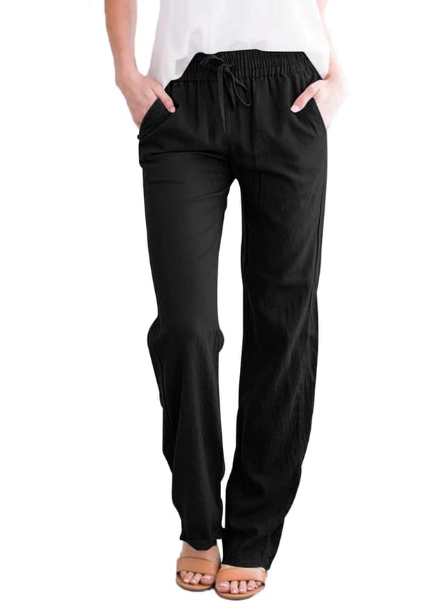 🌞 Sommer Leinenhose für Damen - Schwarz - Gerade Geschnitten - Mit Taschen