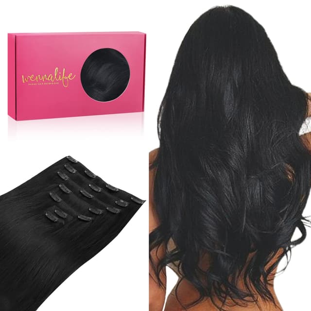 WENNALIFE Clip in Extensions Echthaar 55cm 22 Zoll 120g 7pcs Tief Schwarz Hair Extensions Clip in Echthaar Remy Clip in Haarverlängerung Natürliche Echthaar Extensions 55cm-120g #1 Tief Schwarz 🌟