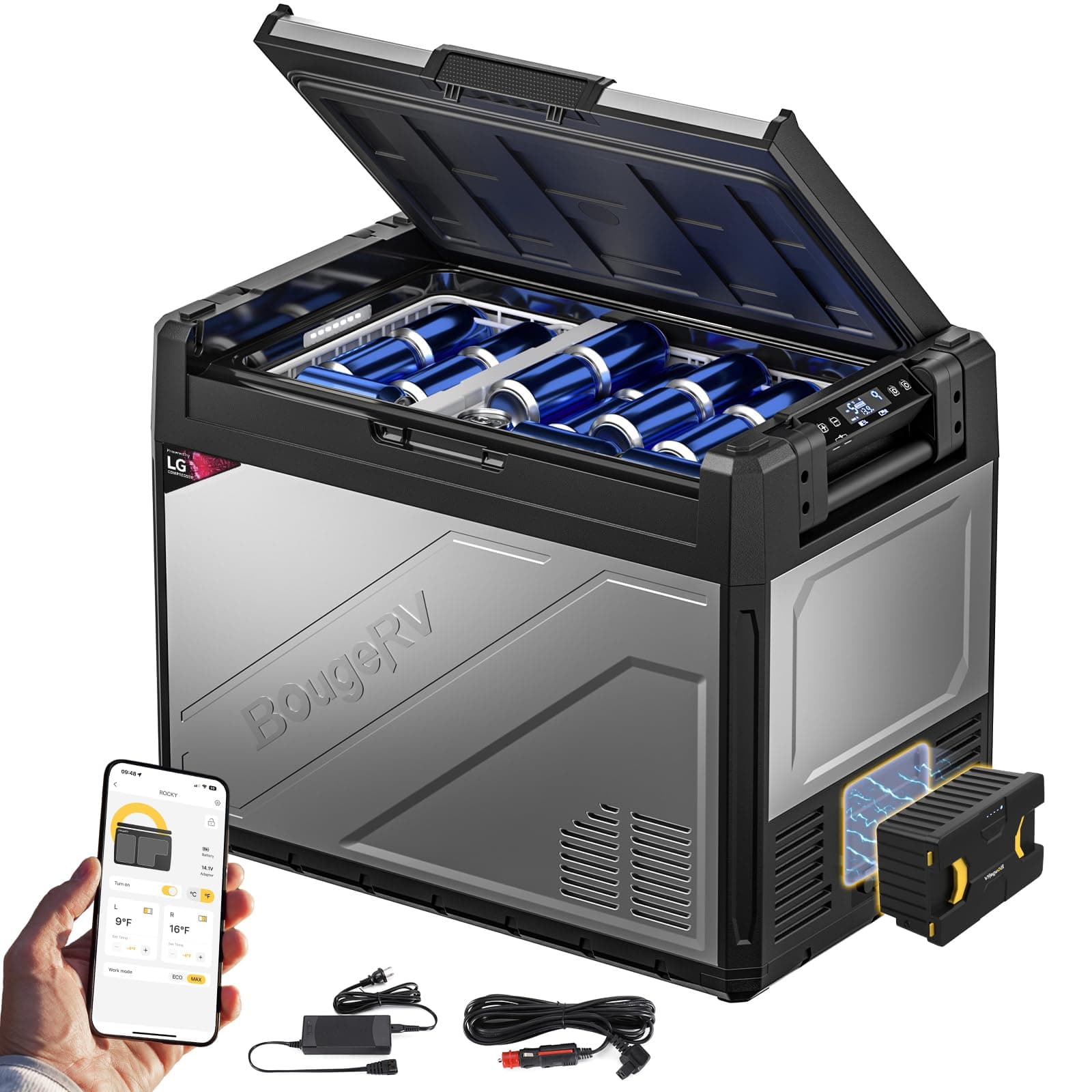 BougeRV Rocky2 65L Kompressor Kühlbox Auto mit Akku Kühlbox 12V 230V -20°C