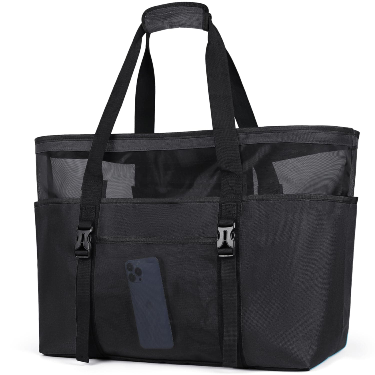 🏖️ RAINSMORE Strandtasche XXL Familie mit Reißverschluss ⭐ Badetasche Damen Groß Leicht Mesh Beach Bag Wasserdicht Faltbare Schultertaschen für Strand Reise Picknick Schwarz