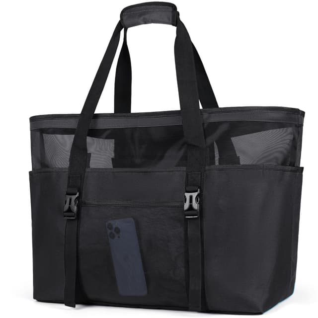 🏖️ RAINSMORE Strandtasche XXL Familie mit Reißverschluss ⭐ Badetasche Damen Groß Leicht Mesh Beach Bag Wasserdicht Faltbare Schultertaschen für Strand Reise Picknick Schwarz