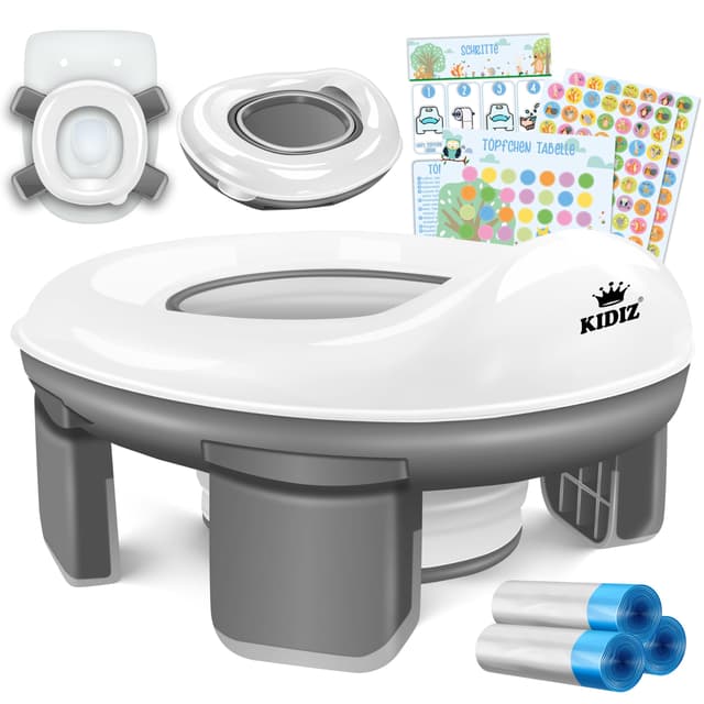 KIDIZ® Toilettensitz Kinder Töpfchen Töpfchentrainer WC Sitz 🚽 | Lerntöpfchen bequemem, PP-Material mit Müllbeutel | Kindertöpfchen für Unterwegs & Belohnungssystem mit Stickern 3 in 1 Lösung Anthrazit / Weiß