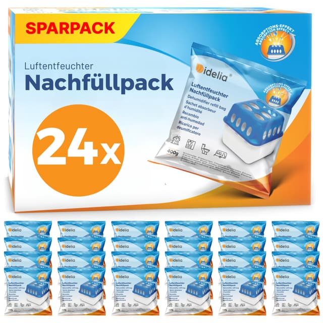 🌬️🔥 Idelia® 24x Luftentfeuchter Granulat 400g (XXL Sparvorteils 24er Set Luftentfeuchter Nachfüllpack's) | Entfeuchter Nachfüllpack (Schimmel- und Geruchsschutz)