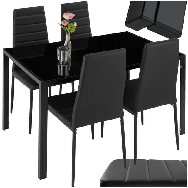 Tectake Essgruppe Berlin Set 🪑🍽️ | Esstisch und Stühle | Schwarzes Kunstleder | Sicherheitsglas | Modernes Design