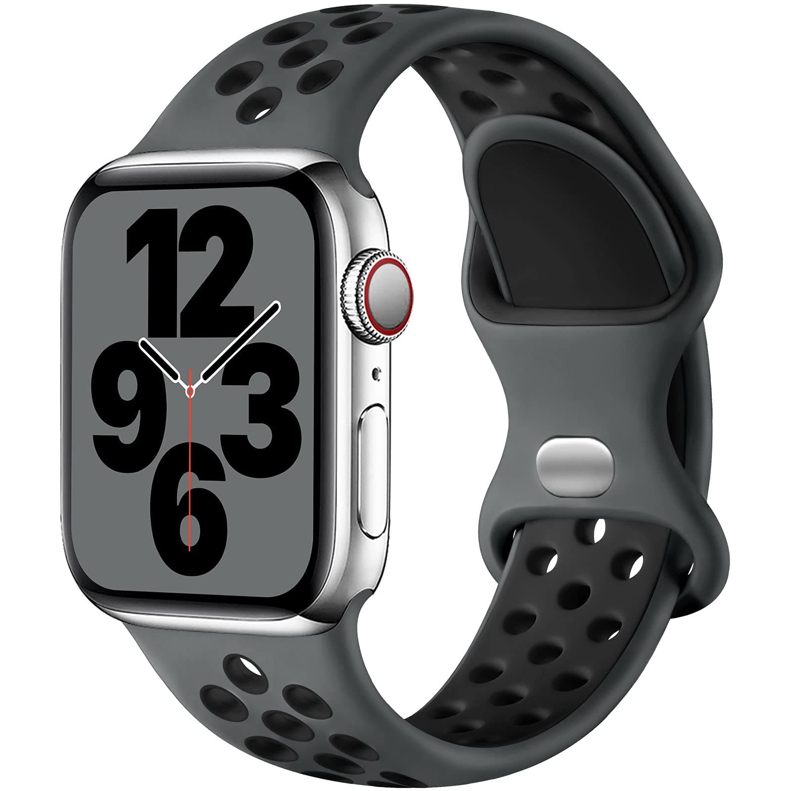 Upeak Sport Armband für Apple Watch | Atmungsaktiv Silikon Doppelloch Band | Holzkohle/Schwarz L: 46mm/45mm/44mm/49mm/42mm