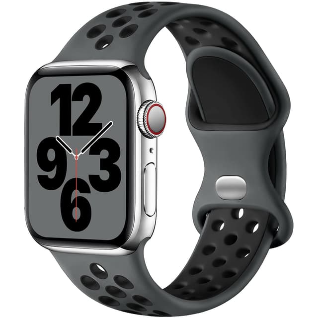 Upeak Sport Armband für Apple Watch | Atmungsaktiv Silikon Doppelloch Band | Holzkohle/Schwarz L: 46mm/45mm/44mm/49mm/42mm