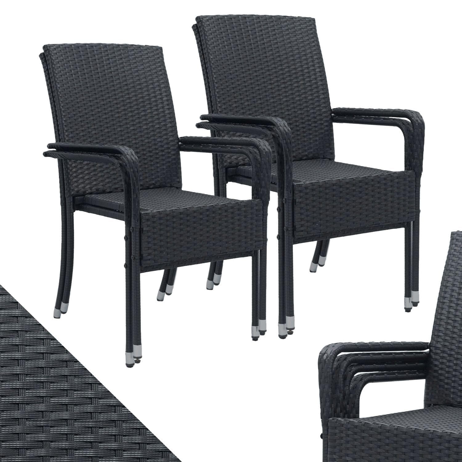🌿🪑 Juskys Polyrattan Gartenstühle Yoro 4er Set mit Armlehnen & Rückenlehne - 4 Stühle stapelbar - Rattan Stuhl Garten - Stapelstuhl Schwarz 4er Schwarz 🌿🪑