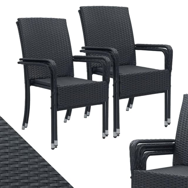 🌿🪑 Juskys Polyrattan Gartenstühle Yoro 4er Set mit Armlehnen & Rückenlehne - 4 Stühle stapelbar - Rattan Stuhl Garten - Stapelstuhl Schwarz 4er Schwarz 🌿🪑