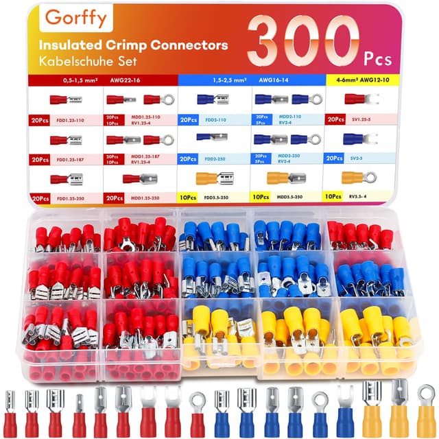 Gorffy Kabelschuhe 300 Pcs, Flachsteckhülsen Sortiment 0,5-6,0mm², Elektro Flachstecker, KFZ Quetschverbinder Set 🛠️
