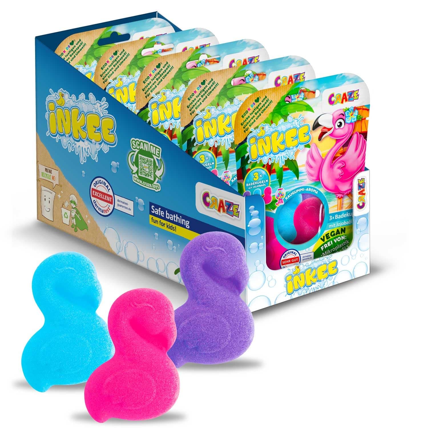 INKEE FLAMINGO Badebomben Kinder 15er Pack - 15x 15g Badekugeln 🦩 Spaßige Farben, Jojobaöl & Kaugummi-Aroma 🌈