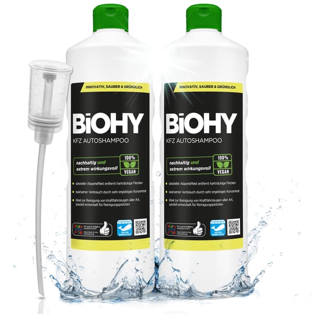 BiOHY KFZ Autoshampoo (2 x 1 Liter) + Dosierer | Bio Autoreiniger schützt Lack vor Schmutz von Außen