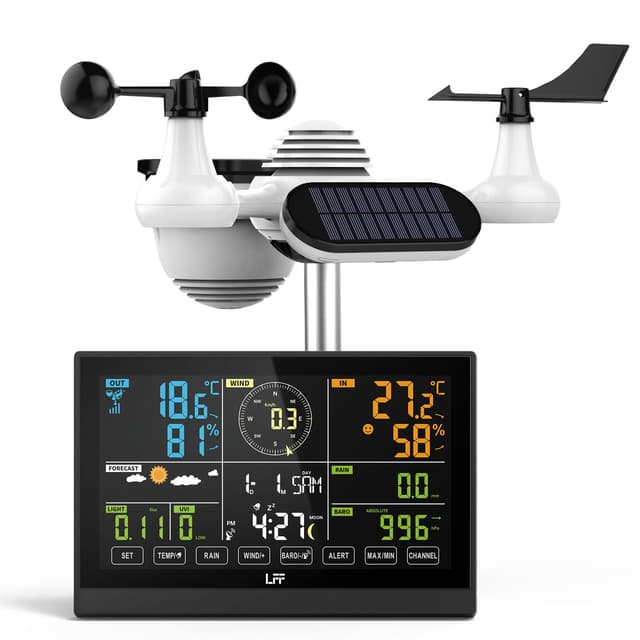 LFF Wetterstation Funk mit Außensensor - 7-in-1 Sensor - Alarmfunktion - Großes Farbdisplay