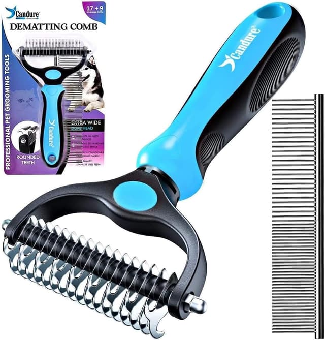 Candure Professionelle Hunde- und Katzenbürste, lange Haare, Hundepflege, Rechen, doppelseitige Zähne, 17 + 9, entfernt Knoten, Teppiche und Haare (Azul) Blau Angebot!