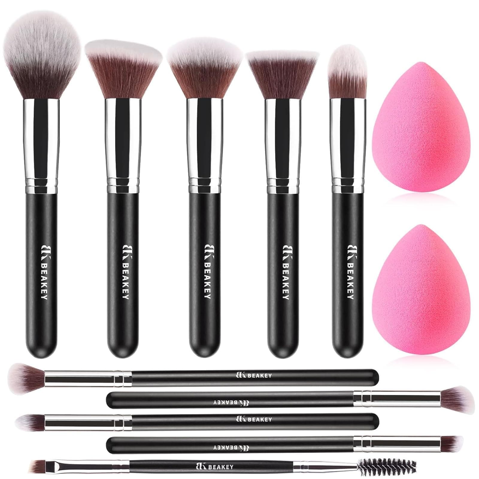 BEAKEY Pinselset Makeup Professionelles Foundation Set Premium Puderpinsel Lidschatten Blush Schminkpinsel Beauty Schwamm (10+2 Stück, Silber) 🌟🎨