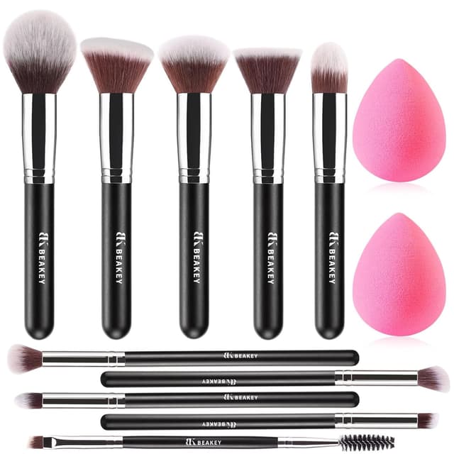 BEAKEY Pinselset Makeup Professionelles Foundation Set Premium Puderpinsel Lidschatten Blush Schminkpinsel Beauty Schwamm (10+2 Stück, Silber) 🌟🎨