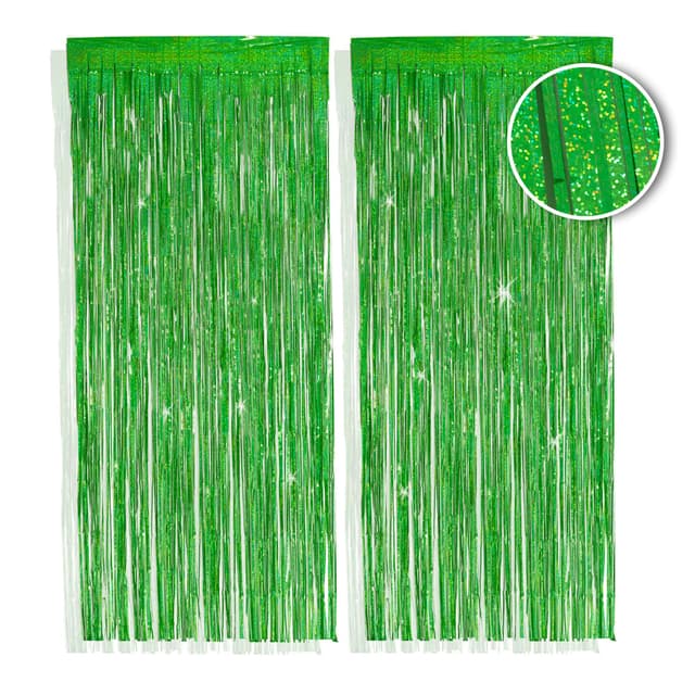 PHENO FLAGS 2 Stück Grüner Lametta Vorhang, 1x2,5m - Glitzernde Silvester-Deko im Funkelnden Metallic-Look