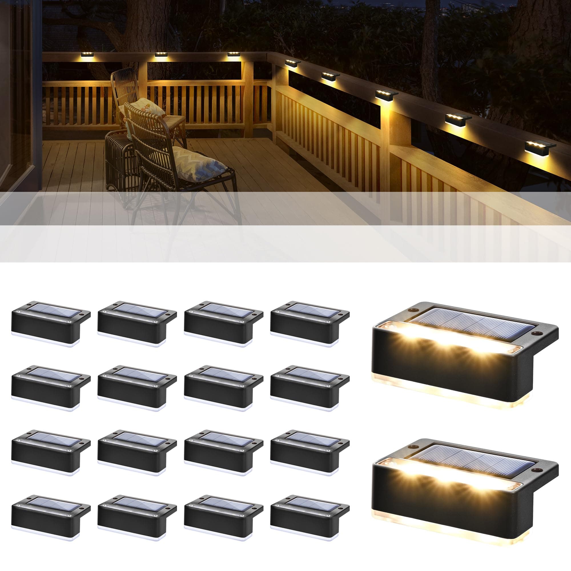 Solpex Solarlampen für außen, 16 Stück, warmweiß Treppenlicht, wasserdicht Solarleuchten, LED-Beleuchtung für Außentreppe, Stufen, Zaun, Garten, Hof, Terrasse, Dachrinne Dekoration (Schwarz) 🌞🌿