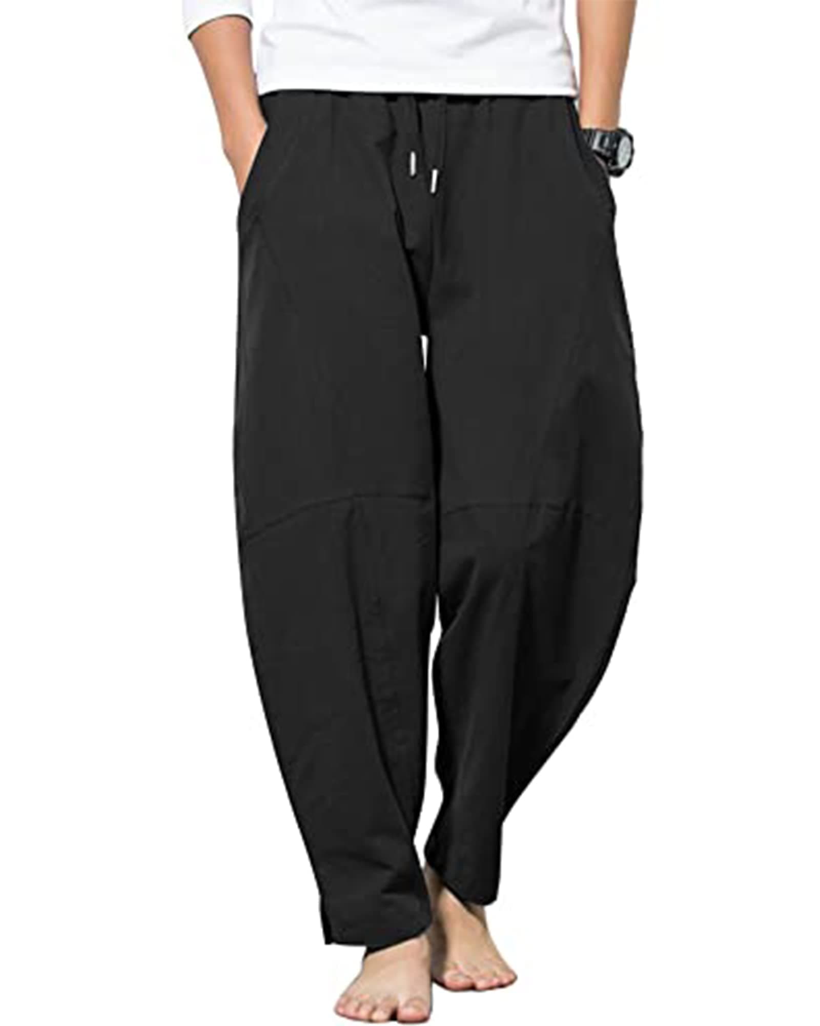YAOBAOLE Herren-Hosen Baumwolle Leinen Haremshose Herren mit Taschen Freizeithose Herren L Schwarz 💼👖