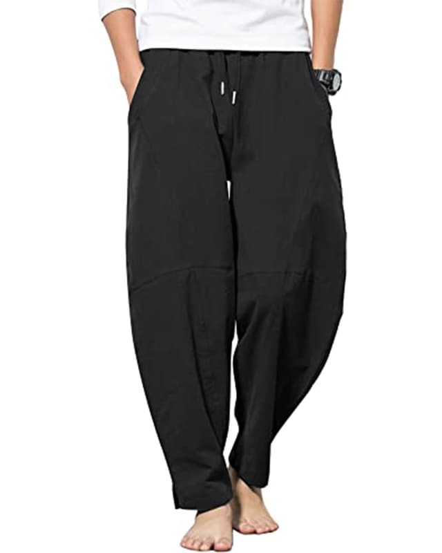 YAOBAOLE Herren-Hosen Baumwolle Leinen Haremshose Herren mit Taschen Freizeithose Herren L Schwarz 💼👖