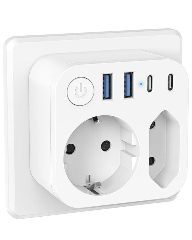 🔌 6 in 1 Steckdosenleiste mit 4 USB (2 Typ-C), Doppelstecker für Steckdose, 2 Fach Mehrfachstecker mit Schalter für Phone und Haushaltsgeräte, Weiß