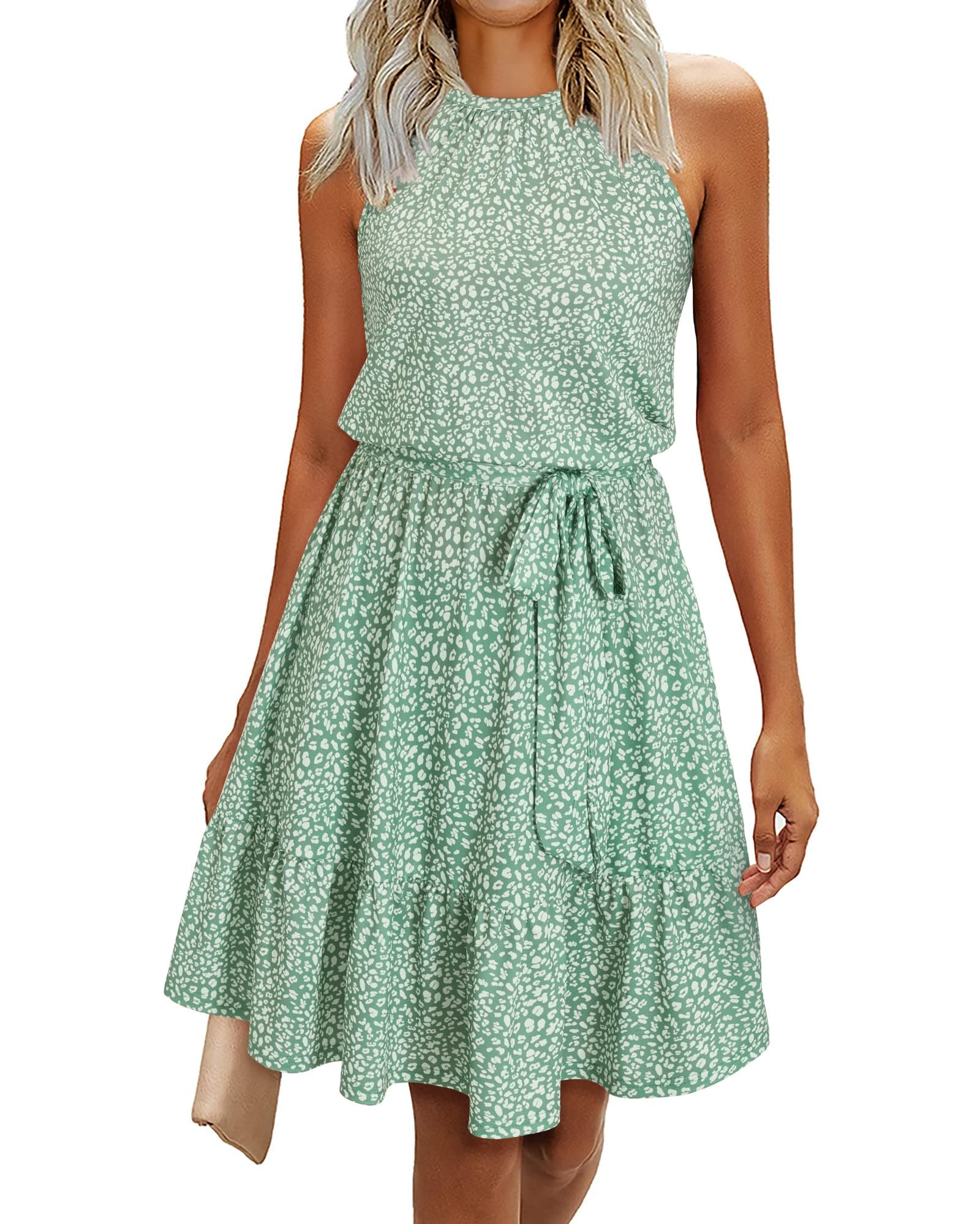 Neue Sommerkleider Damen Knielang 😍 Elegant Kleid Blumenmuster Neckholder Rüschen Freizeitkleider mit Taschen S Floral-8