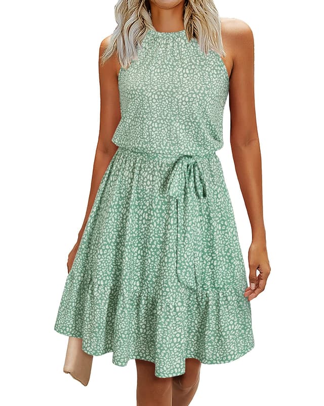 Neue Sommerkleider Damen Knielang 😍 Elegant Kleid Blumenmuster Neckholder Rüschen Freizeitkleider mit Taschen S Floral-8