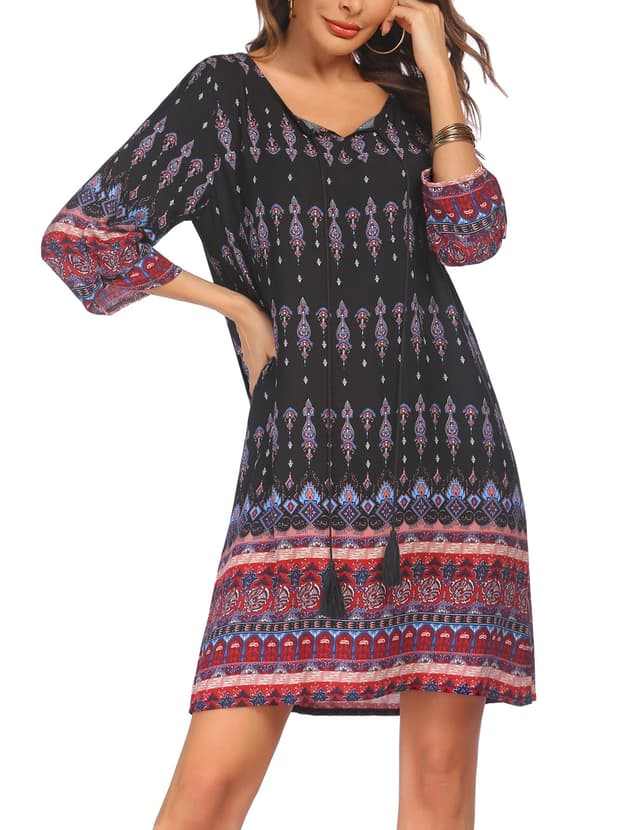 Beyove Damen Tunika Kleid Bohemian Strandkleid 3/4-Arm Sommerkleider Vintage Strandtunika Sommer Kleid 🌸👗
