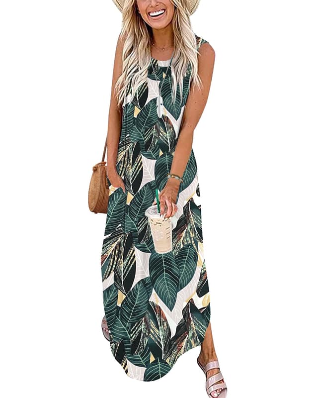 👗 AUSELILY Maxikleider Damen Sommer Ärmellos Strandkleid Lang Sommer-Kleider Tank T-Shirt Kleid mit Taschen XXL Blattdruck 💃