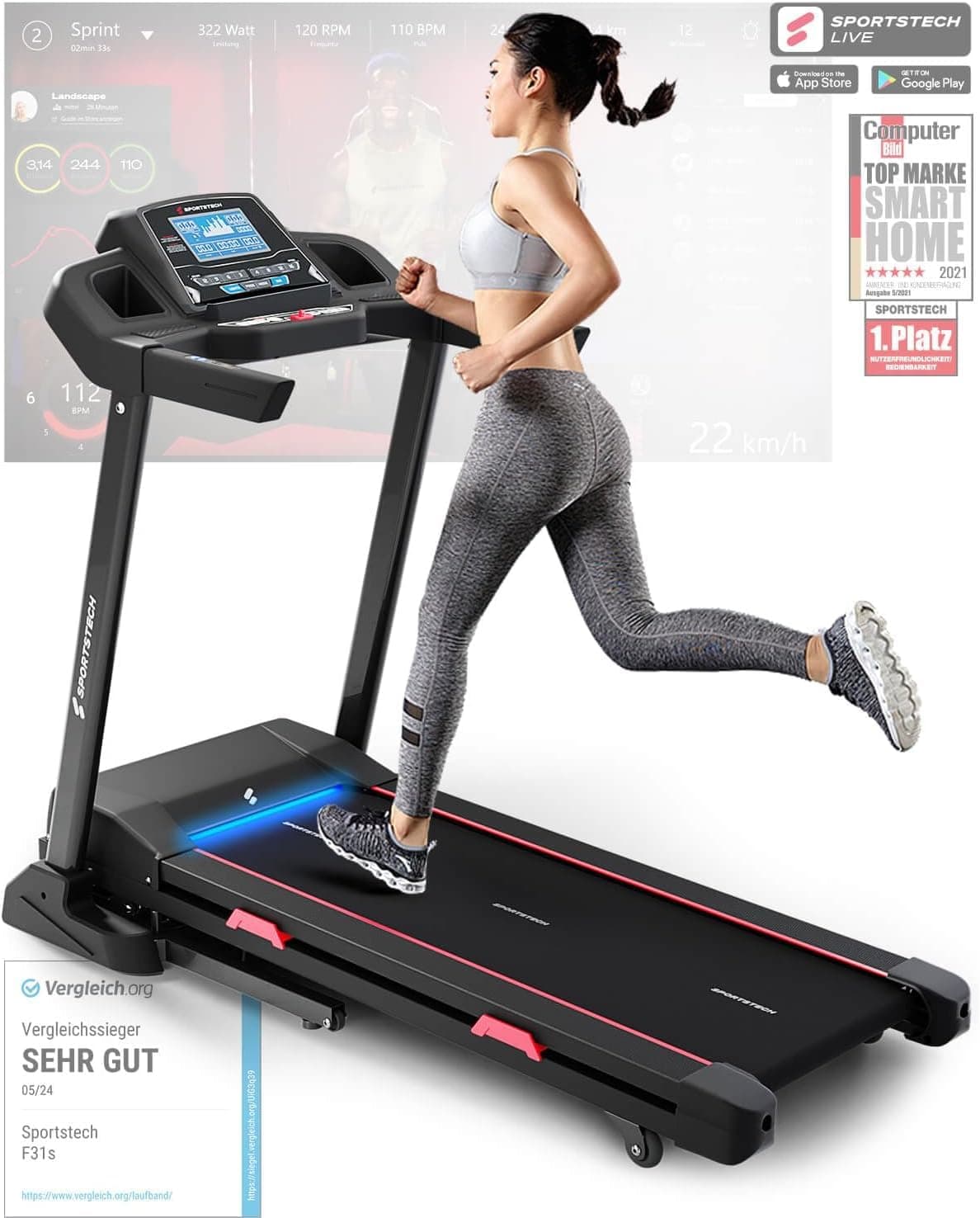 Sportstech F31s Profi Laufband für Zuhause | Premium APP via Bluetooth | LED & Tablethalterung