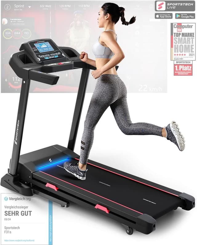 Sportstech F31s Profi Laufband für Zuhause | Premium APP via Bluetooth | LED & Tablethalterung