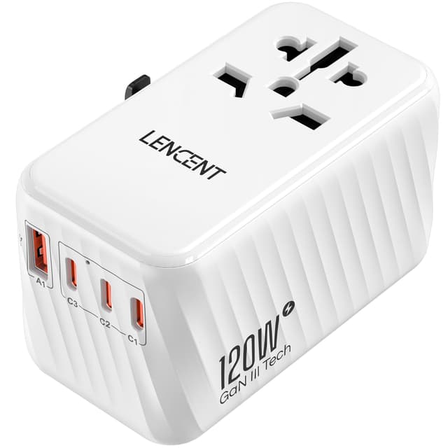 LENCENT Internationaler Reiseadapter, 120W GaN3 Universeller Adapter mit 3 PD3.0 Type C+1 QC USB A, Weltweit Adapter für Handys, All in One Reisestecker für EU/USA/UK/AU Steckdosen, Weiß 🌍🔌