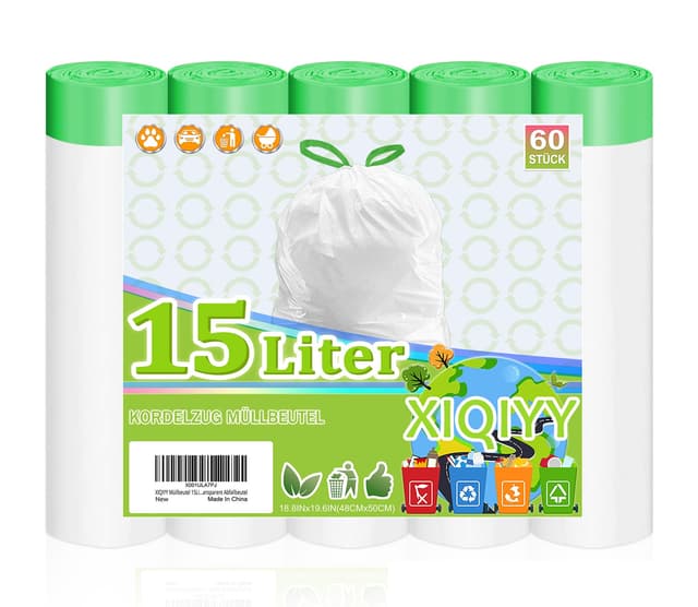 🌟🗑️ XIQIYY Müllbeutel 15Liter Zugband Müllsäcke 60 Stück Mülltüten 🗑️🌟