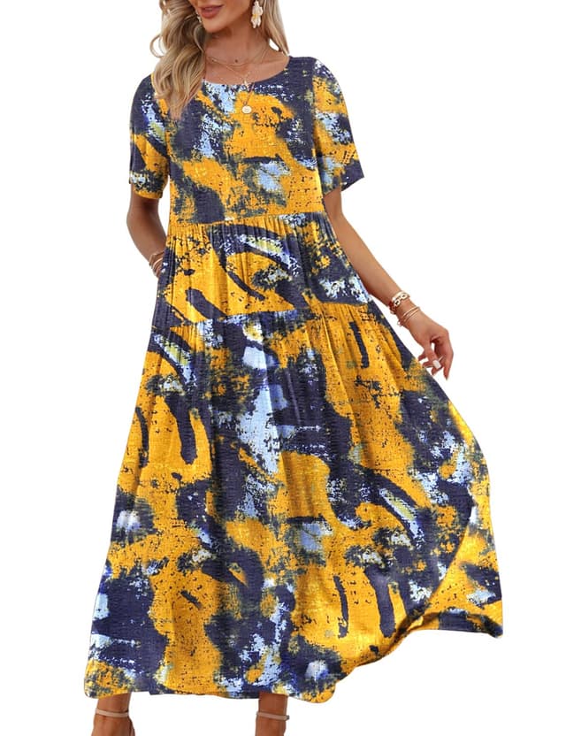 YESNO Damen Kleider Freizeit Lose Sommerkleid Lang Boho Maxikleid für Rundhals Strandkleid 🌺👗 EJFDE XXL Cr141