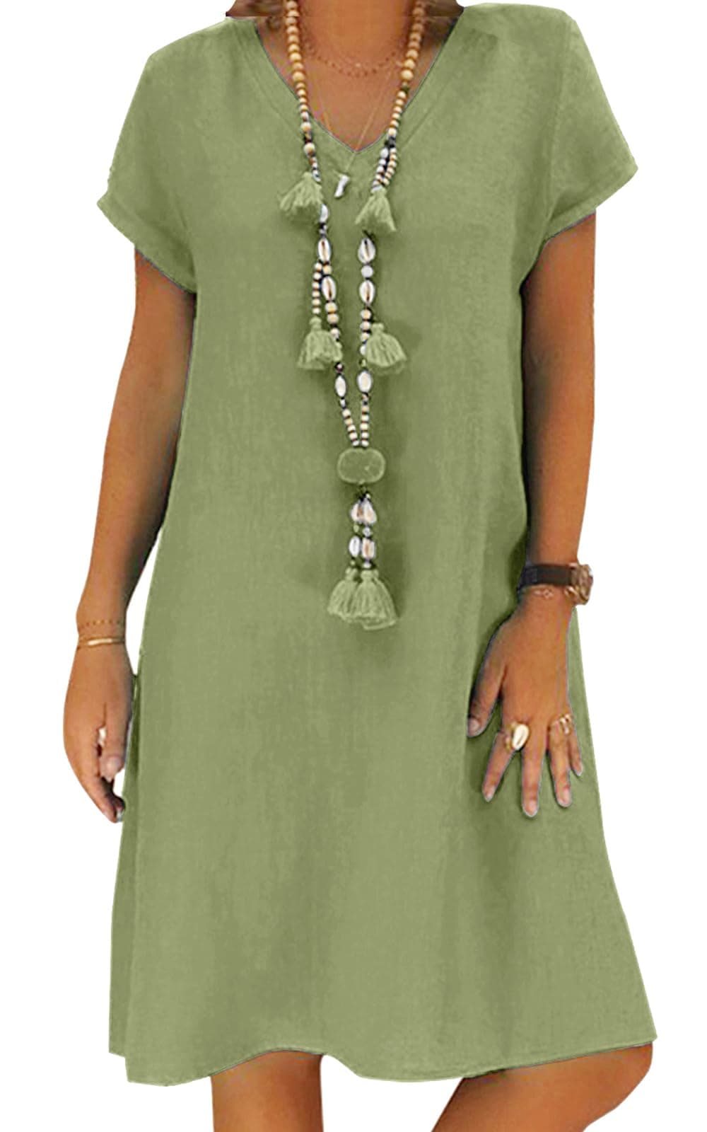 👗 Sommerkleid Damen Leinen Kleider Casual V-Ausschnitt Midikleid Kurzarm A-Linie Kleid Strandkleid Ohne Zubehör L A Grün